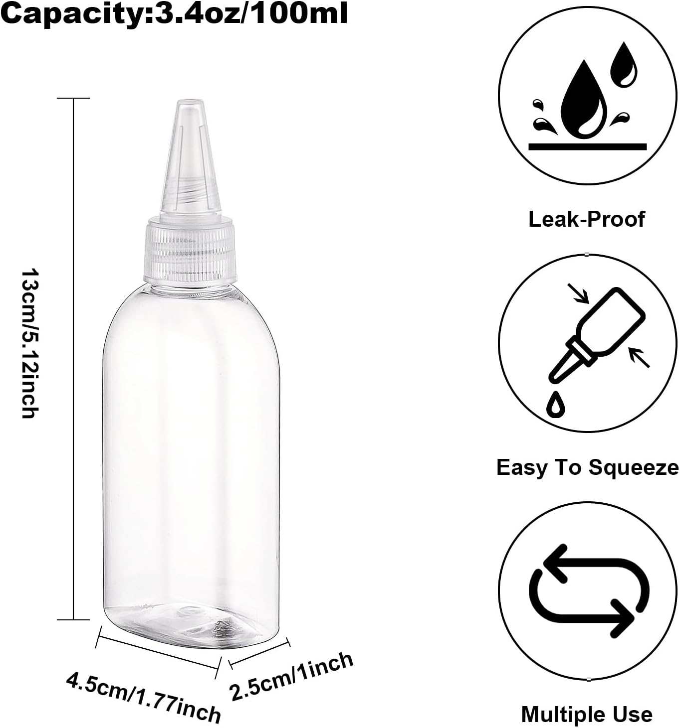 Cosywell Paint Bottles 10Pack 100ml/3.4oz Empty Squeeze Bottles Leak-Proof Refillable Plastic Hair Color Applicator Bottle Paint Storage Containers for Paint Art Crafts Shampoo Liquids(Clear)