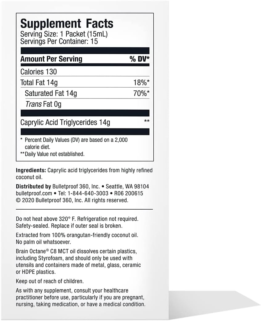 Bulletproof Brain Octane C8 MCT Oil Packets, Pack of 15, Keto Supplement for Sustained Energy