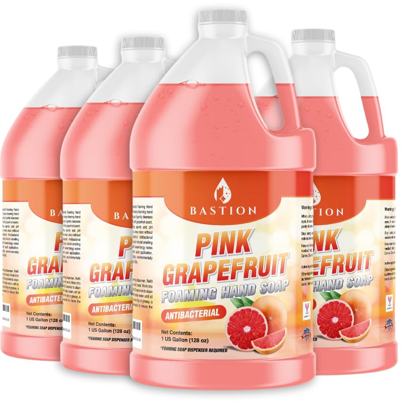 Bastion Pink Grapefruit Antibacterial Foaming Hand Soap Refill – Case of 4 Gallons (512 oz) – Bulk Moisturizing Hand Wash for Home, Office, Restaurants & Commercial Use – pH-Balanced, Gentle on Skin