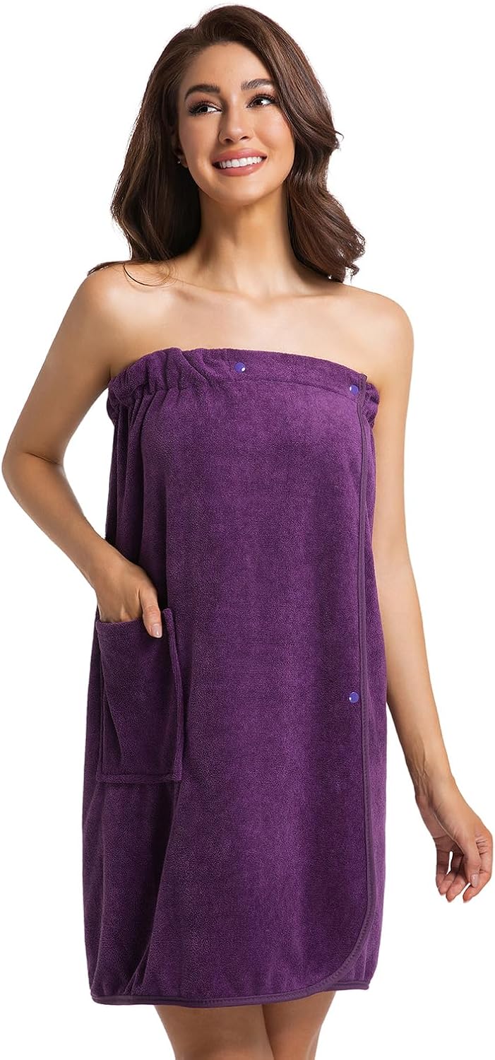 Womens Towel Wrap Bath Robe Lightweight Spa Body Wrap Shower Adjustable Snap Closure
