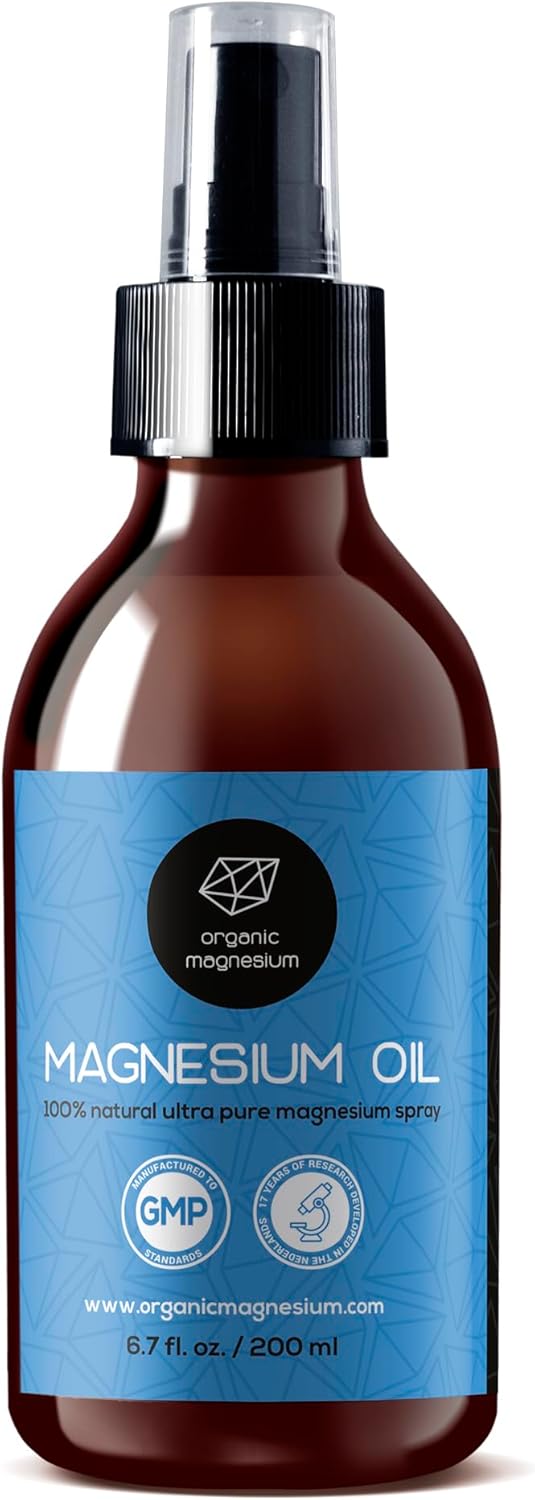 Organic Magnesium Spray Oil in Glass Bottle with Extra Spray - 100% Pure Topical Magnesium Chloride for Leg Cramps from Ancient Zechstein Seabed | for Sports, Relaxing & Sleep 6,7oz