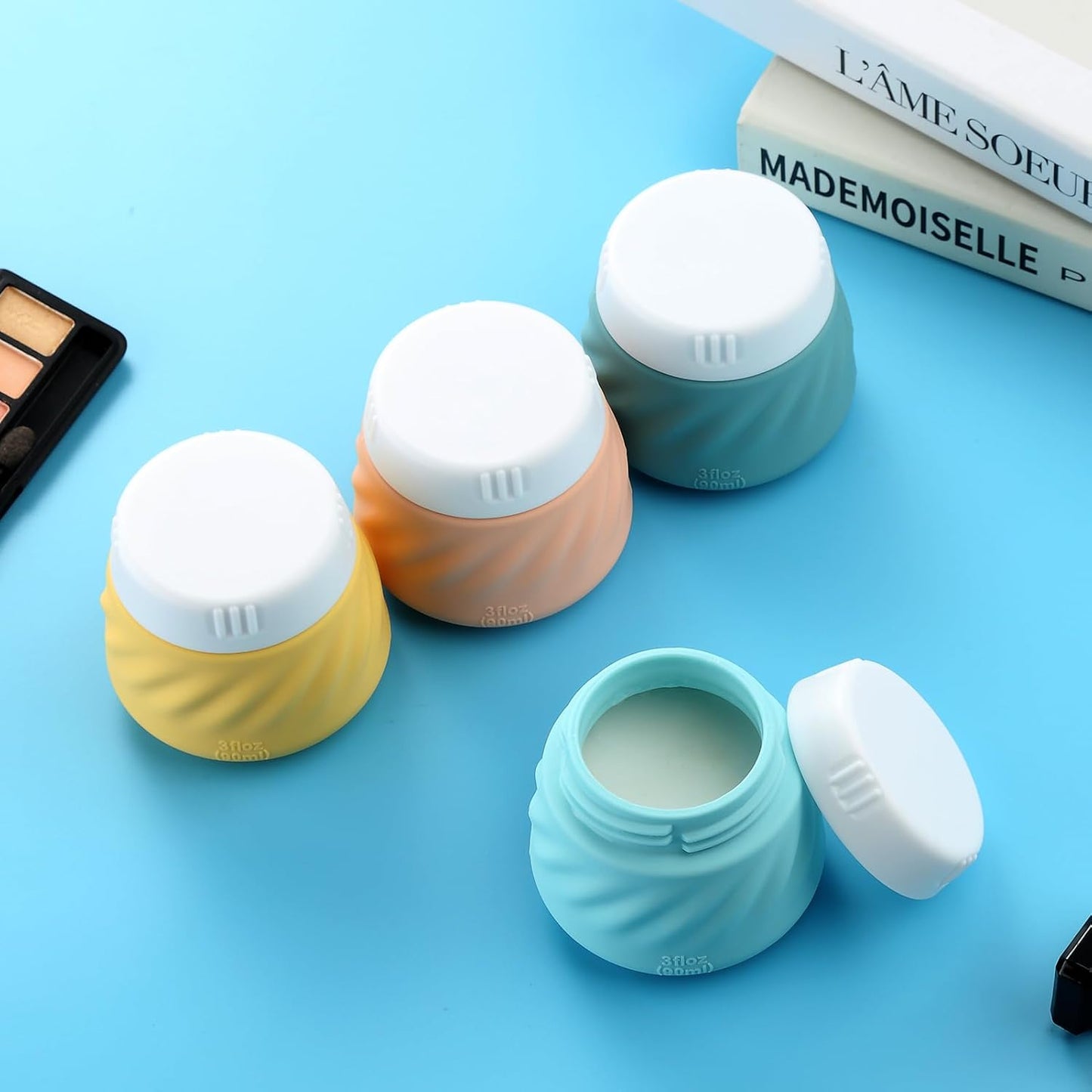 Gemice Silicone Cream Jars, TSA Approved Containers for Toiletries With Toiletry Bag, Wide Mouth Leak-proof Accessories With Lid for Cosmetic Cream (4 Pack)