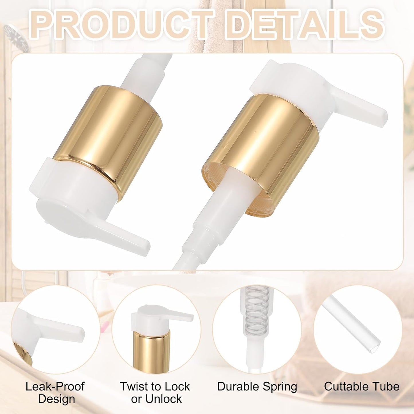 uxcell 2 Pcs Soap Dispenser Pump Heads, Hand Soap Dispensers Top Pumps Replacement Clip-on Pumphead for Standard 24/410 Neck Size Bathroom Lotion Shampoo Bottle, Gold White