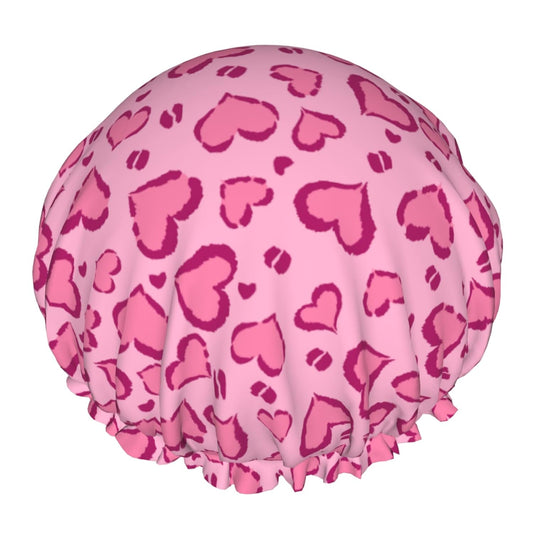 Hot Pink Shower Caps Heart Leopard Print Dual-Layer Waterproof Bath Hat Reusable Hair Caps Elastic Hair Hat for Shower Cooking Clean Makeup Travel