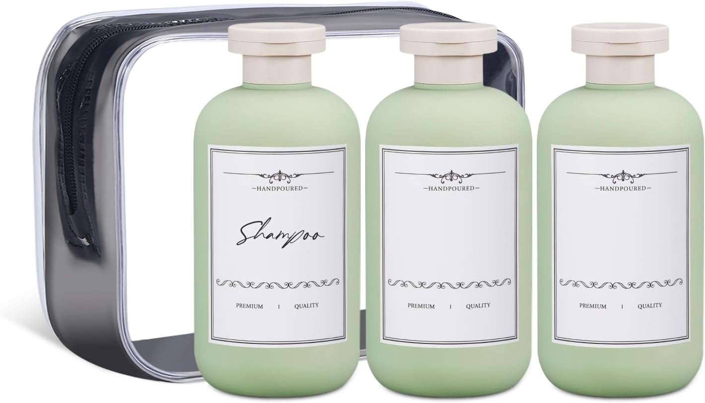ASEVAT 10 oz Travel Refillable Shampoo and Conditioner Bottles, Travel Bottles for Toiletries, Plastic Squeeze Bottles with Flip Cap for Lotion, Liquids (3Pcs)