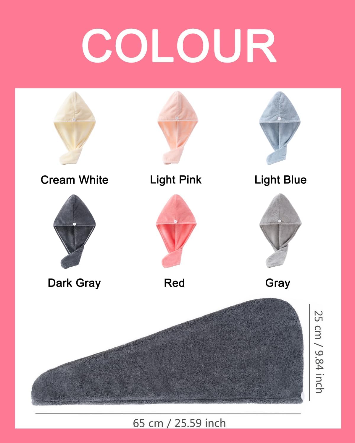 Microfiber Hair Towel Wrap 4 Pack - Gym & Shower & Travel Quick Dry Turban, Secure Button Closure for Active Women, Anti-Slip Design for Thick/Curly Hair, Compact 25x65cm (4-Piece Set)