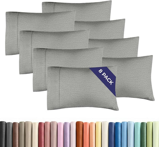 Queen Pillow Cases Set of 8 - Ultra Soft Hotel Quality Pillowcase Covers - Comfy & Wrinkle Free - Shrink, Stain and Fade Resistant - Machine Washable Pillow Protectors - 8 Piece Set - Heathered Grey