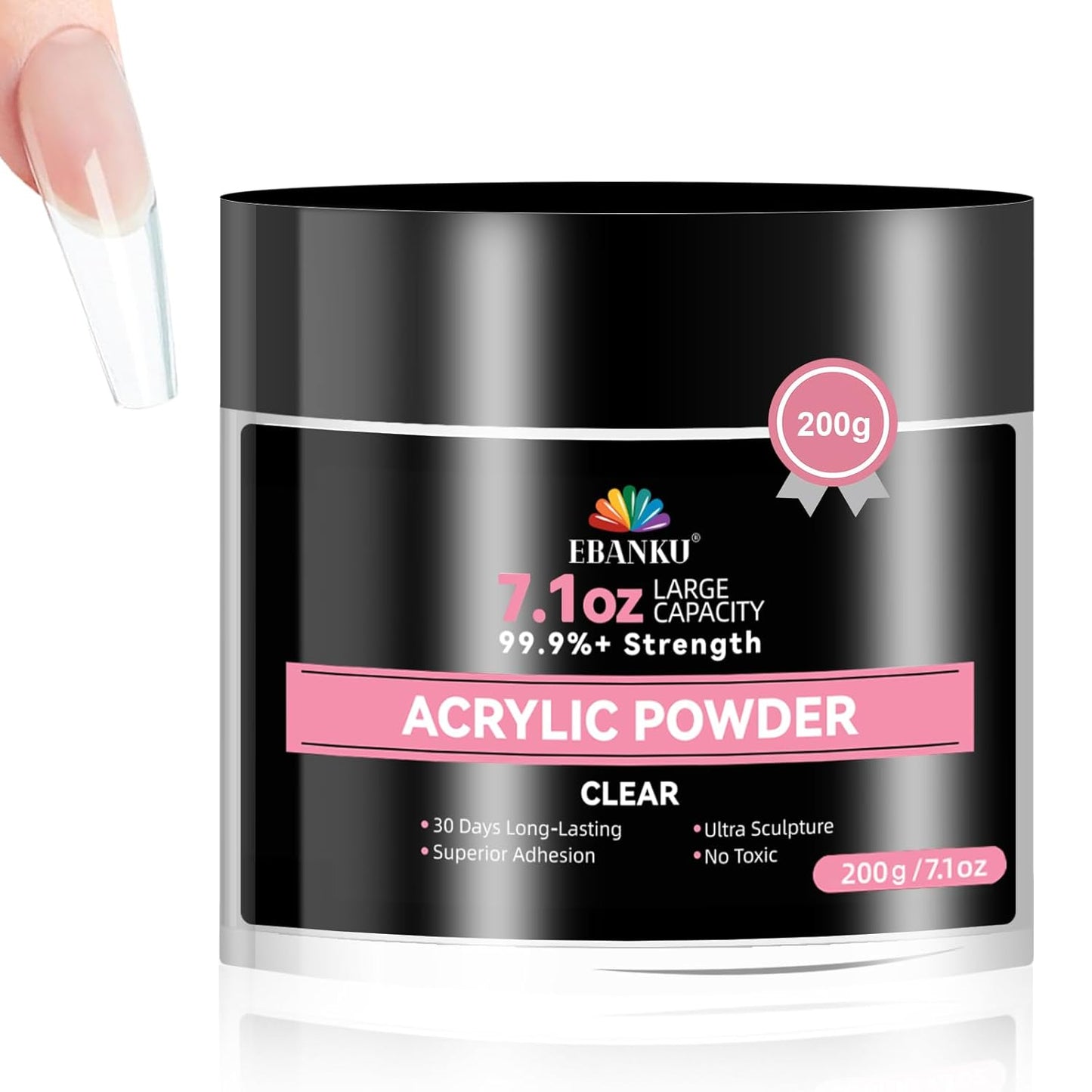 EBANKU 7.1oz Clear Acrylic Powder, Crystal Transparent Acrylic Nail Powder for Nail Extenstion, Professional Nail Powder for French Manicure, Nail Carving, Long-Lasting, No Lamp Needed