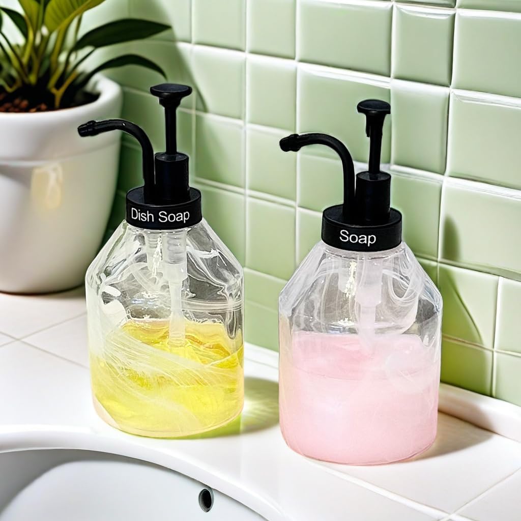 Bathroom Glass Soap Dispenser Set, 2 Pcs Unique 3D Cloud Pattern Thick Glass Soap Bottle with Rust-Free Black ABS Pump for Kitchen Counter Dish Soap Dispenser (375ml/12.7 Oz)