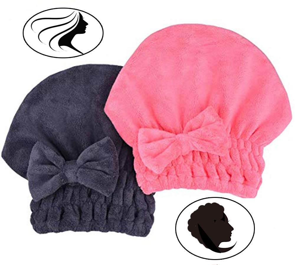 Microfiber Hair Drying Towels Head wrap with Bow-Knot Shower Cap Hair Turban hairWrap Bath Cap for Curly Long & Wet Hair Gift for Women 2pack