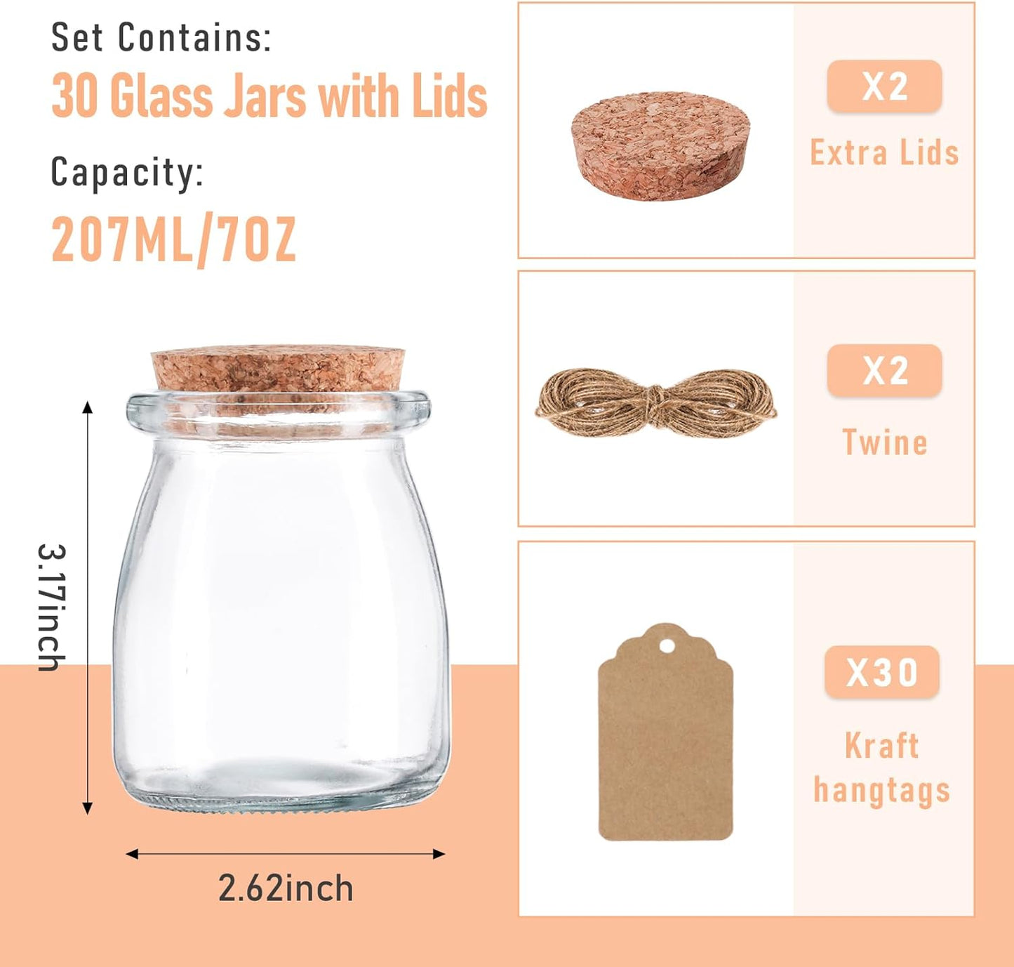 Mini Yogurt Jars 7 oz, 30 Pack Glass Jars with Cork Lids, Candle Containers with Label Tags and String for Wedding favors, Candy, Bath Salts, Spices, Pudding