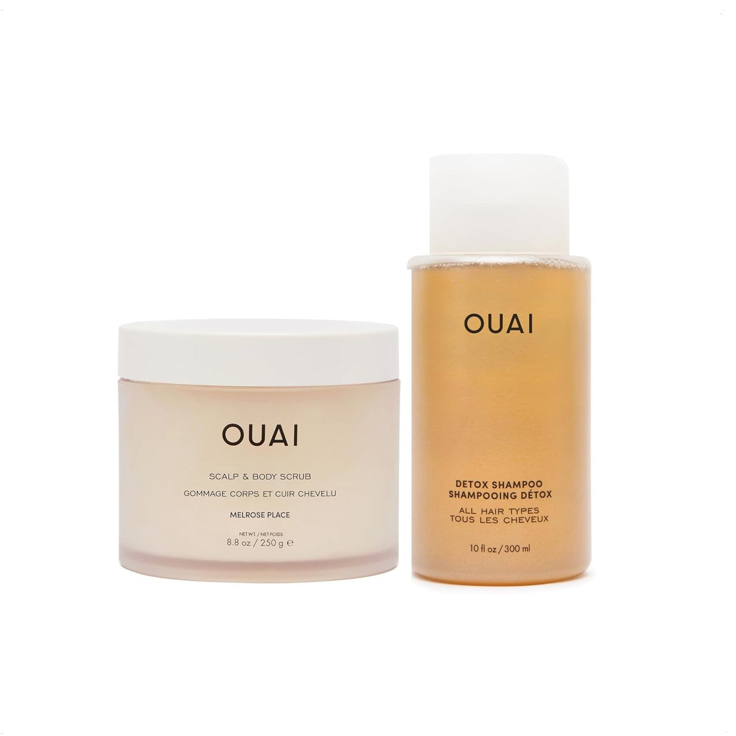 OUAI Detox Duo - Clarifying Detox Shampoo with Apple Cider Vinegar & Keratin + Foaming Scalp & Body Scrub Exfoliator that Cleanses and Removes Buildup - Sulfate-Free Hair Care (2 Count, 10 oz/8.8oz)