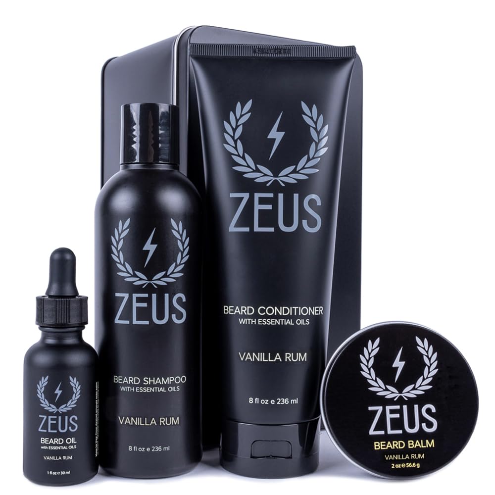 ZEUS Everyday Beard Kit for Men, Facial Hair Shampoo, Conditioner, Oil, Balm & Tin Gift Box, Premium Beard Care & Grooming Set (Made in USA) Vanilla Rum