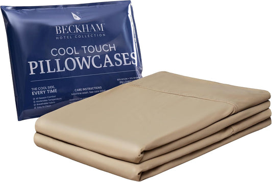 Beckham Hotel Collection Cooling Pillowcases for Hot Sleepers, Standard/Queen Size Set of 2, Cool Bedding, Envelop Closure, Silky Soft, Breathable, Moisture-Wicking, Sand