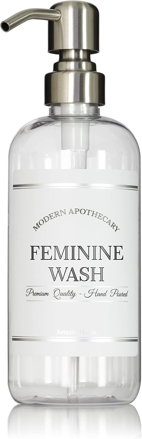 Refillable Clear PET Plastic 16 oz Feminine Wash Bottle with Stainless Steel Pump Dispenser - Chrome Accent Waterproof Labeled Bottle