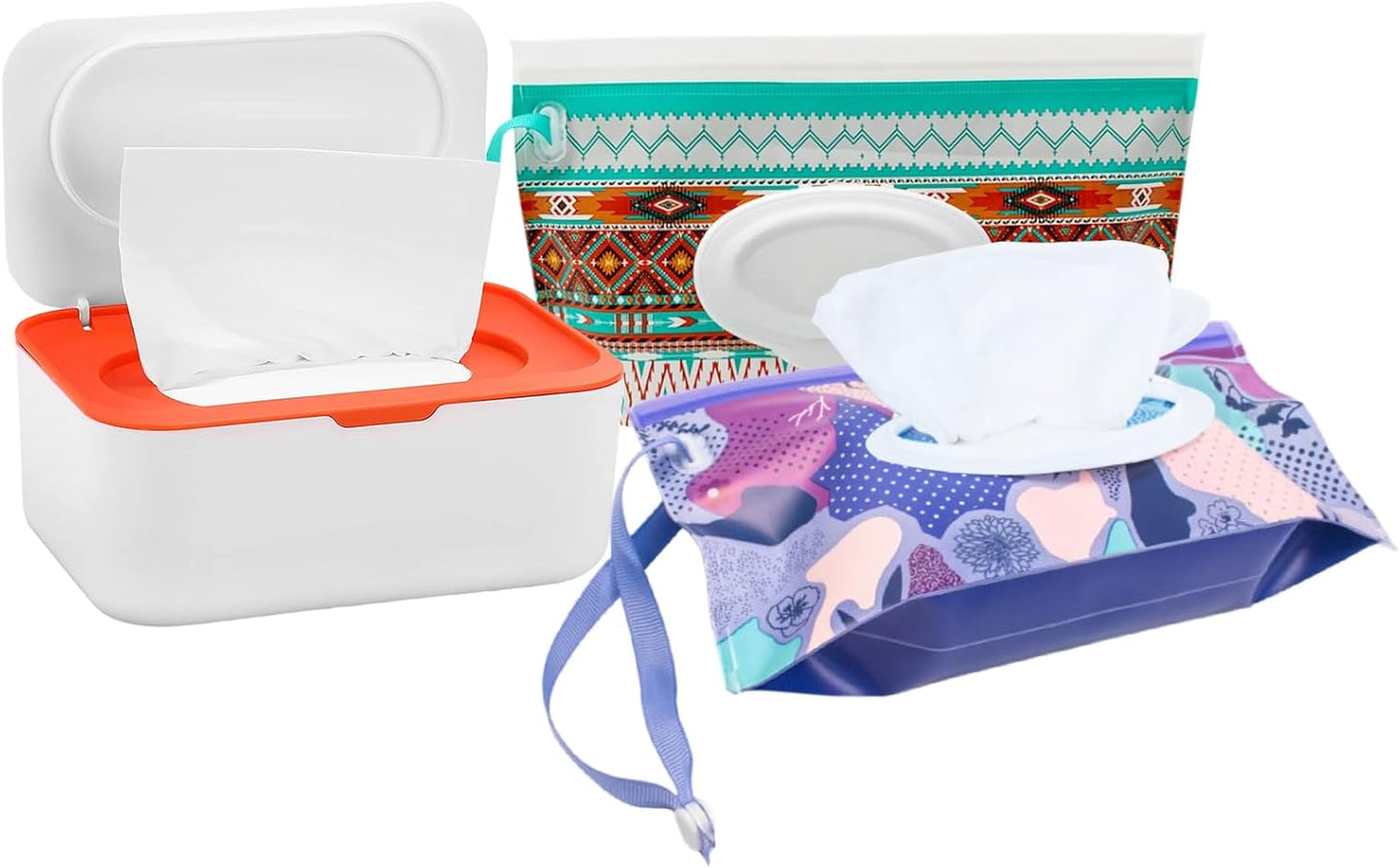 Wipes Dispenser with 2Pcs Portable Refillable Wipe Holder,Reusable Large Wipe Holder Box Flushable Wipes Case Bathroom Wipes Container for Pet Nursery Kitchen Office Counter (White-Orange)