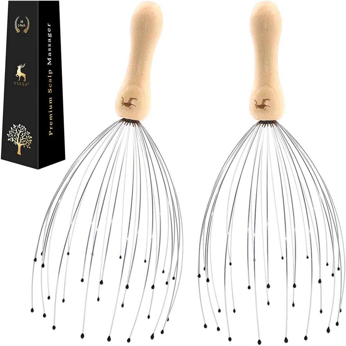 USAGA 28 Finger Head Scratcher, Head Massager, Scalp Massager, Stocking Stuffers Gift for Scalp Body Relaxing Wood Handle (2 Pack)
