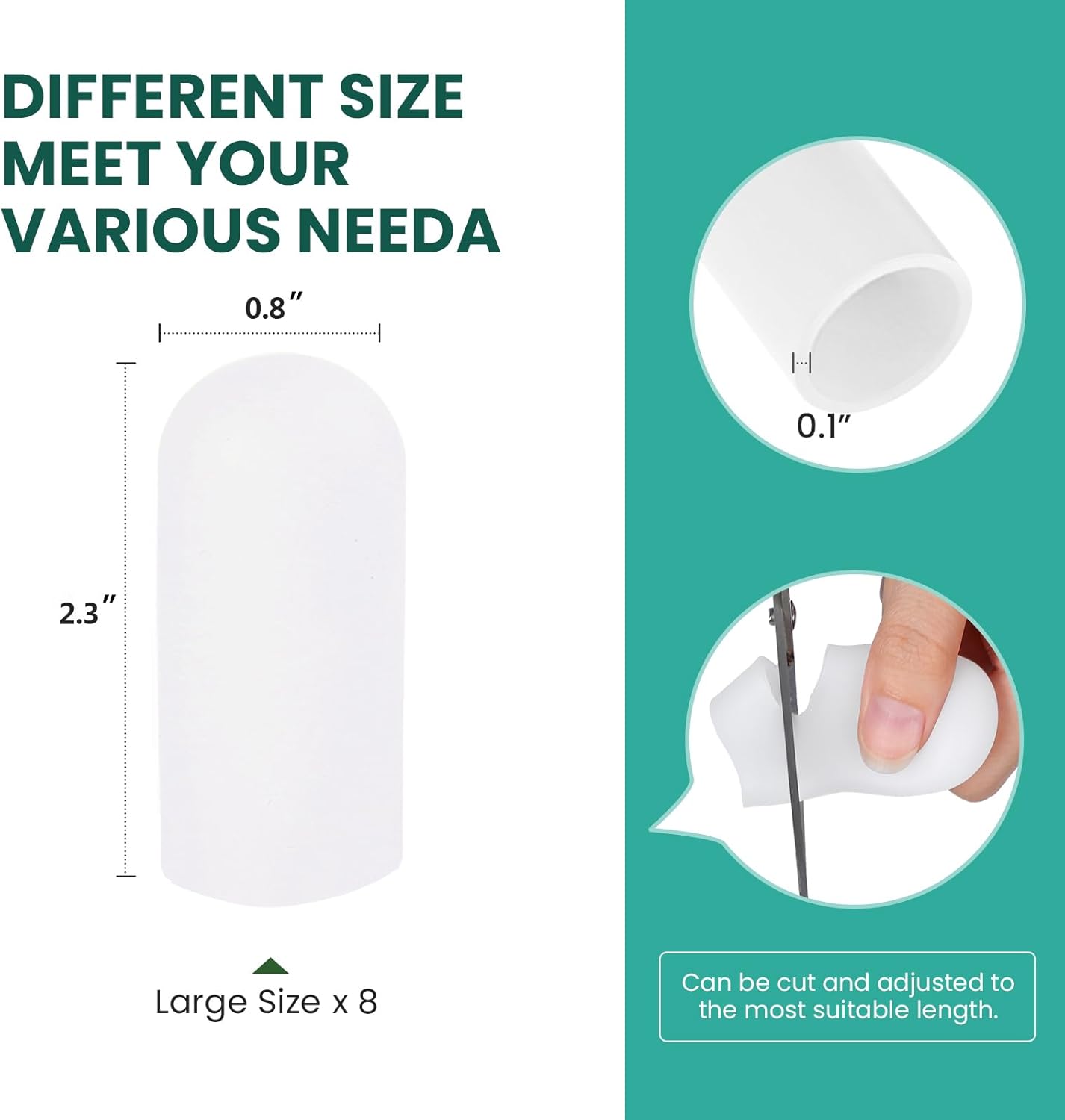 Welnove Gel Toe Cap and Protector - Silicone Toe Covers - Toe Cushions for Pain Relief, Missing or Ingrown Toenails, Corns, Calluses, Blisters - Infused Aloe Vera Extract (8 Large, Clear)