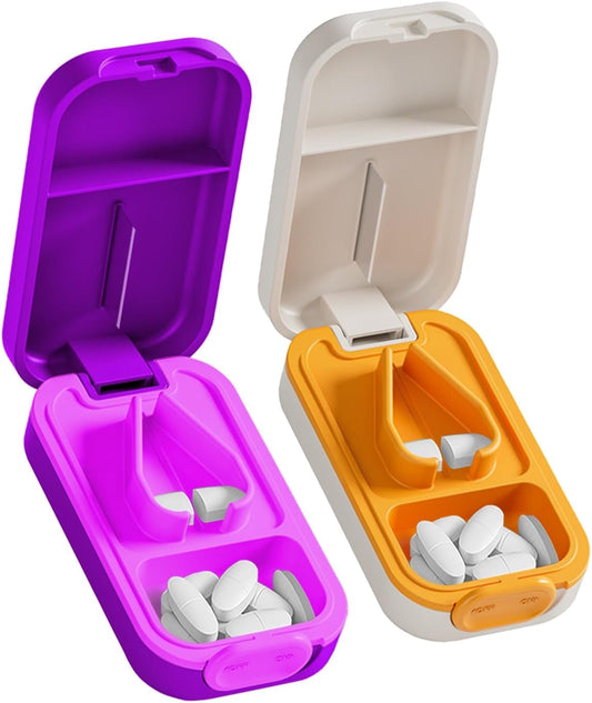 Pill Cutter Splitter for Small or Large Pills with Safety Lock - Accurate and Easy Travel-Friendly Design for Daily Use (Purple+Orange)