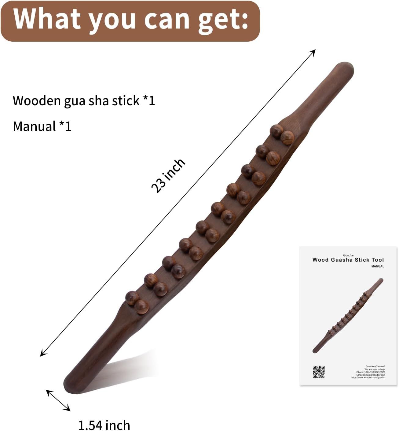 Guasha Wood Stick Tools Wooden Therapy Scraping Lymphatic Drainage Massager, Double Row 20 Beads Point Treatment Gua Sha Tools for Back Leg,1 pcs