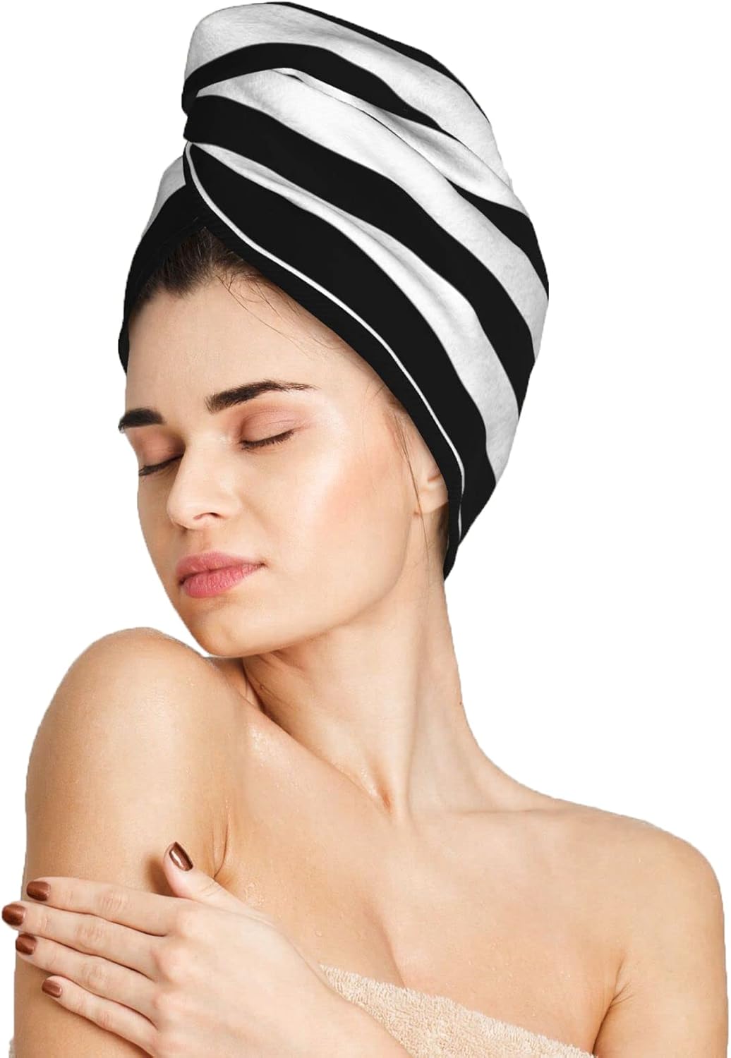Black and White Stripe Hair Towel Wrap Microfiber Fast Drying Hair Turban with Buttons for Women Men Drying Curly, Long & Thick Hair