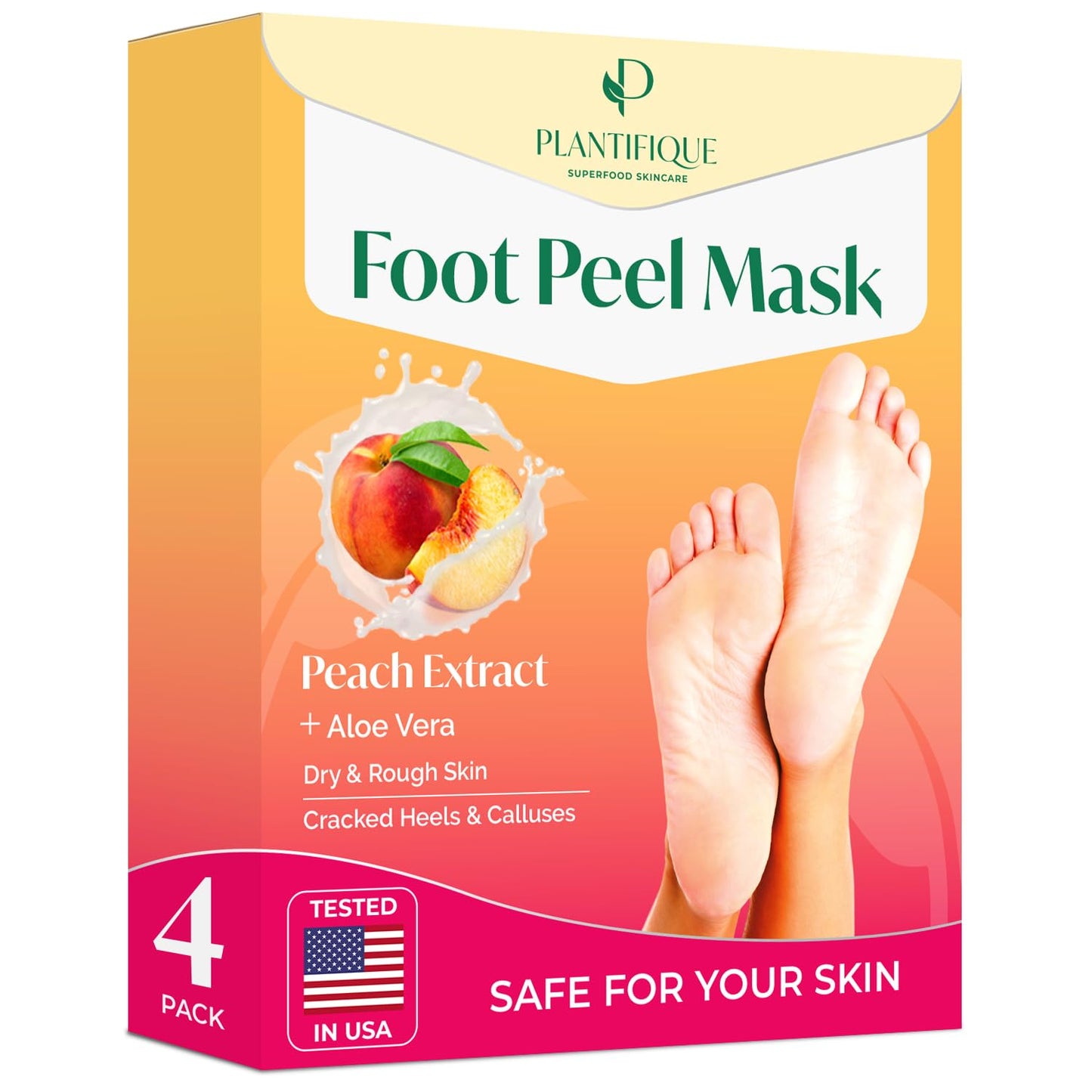 PLANTIFIQUE Foot Peeling Mask 4 Pack | Dermatologically Tested Repairs Heels & Removes Dry Dead Skin for Baby Soft Feet | Exfoliating Foot Peel Mask for Dry Cracked Feet | Peach