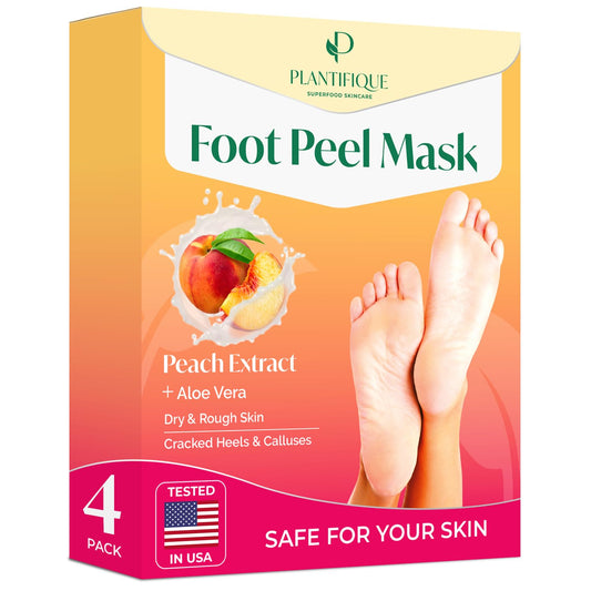 PLANTIFIQUE Foot Peeling Mask 4 Pack | Dermatologically Tested Repairs Heels & Removes Dry Dead Skin for Baby Soft Feet | Exfoliating Foot Peel Mask for Dry Cracked Feet | Peach