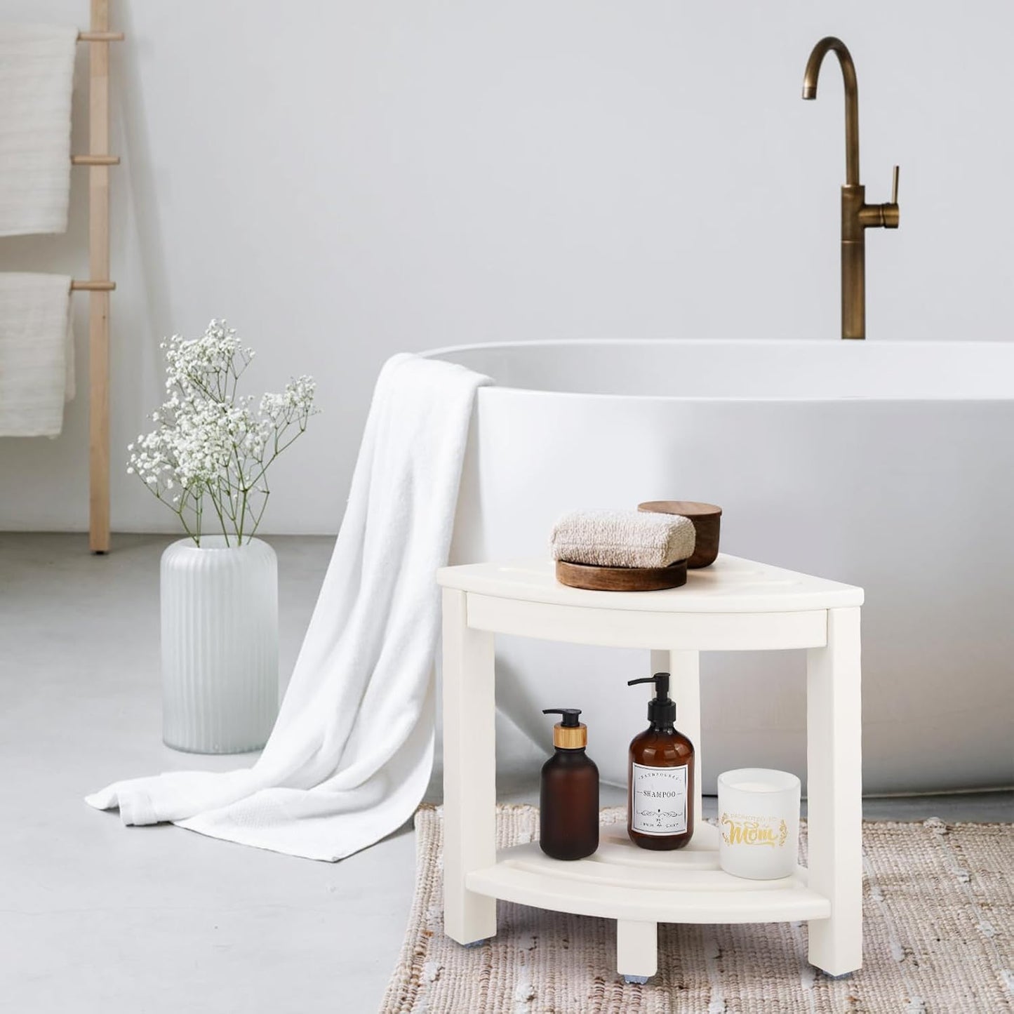 HDPE Corner Shower Stool,Shower Bench Seat with Storage Shelf for Shaving Legs Plastic Spa Bath Step Foot Rest for Bathroom Small Place (White)