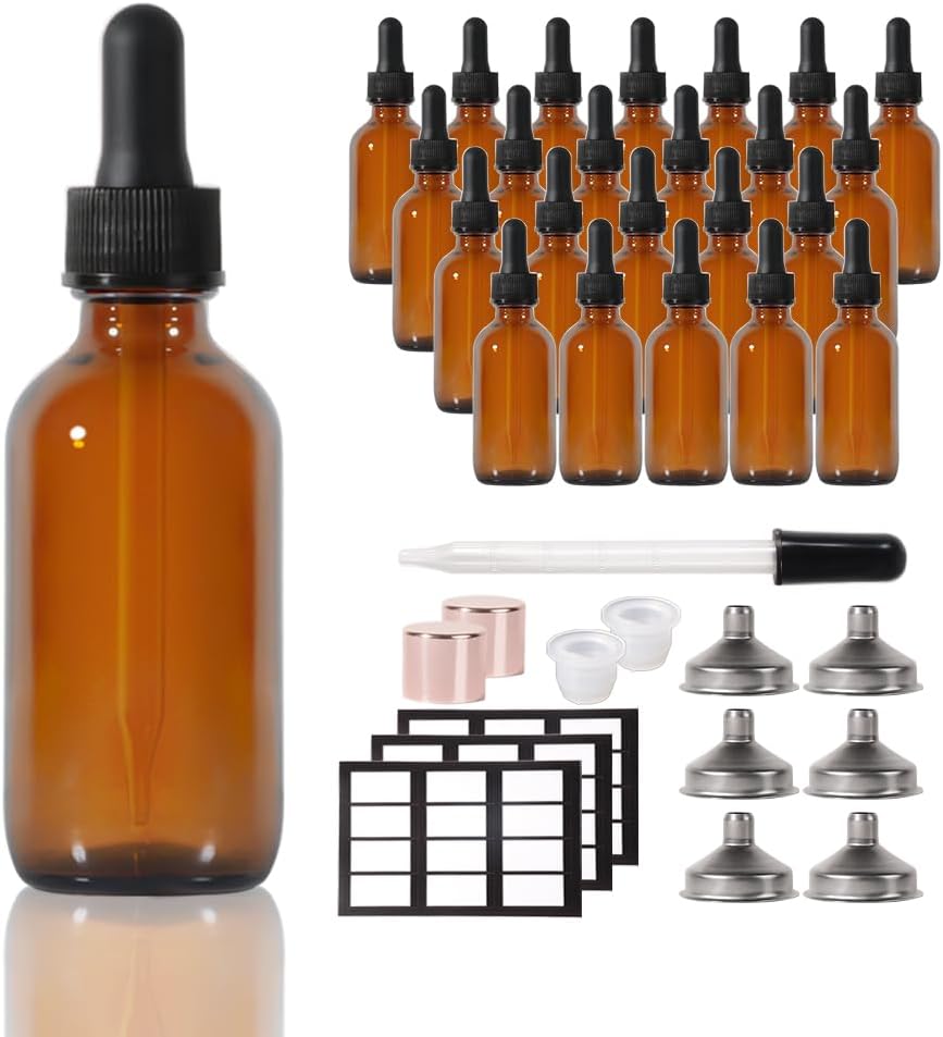 2oz Amber Dropper Bottle, 24P, Amber Glass Bottle, Leak Proof Travel Bottles Pipettes Dropper