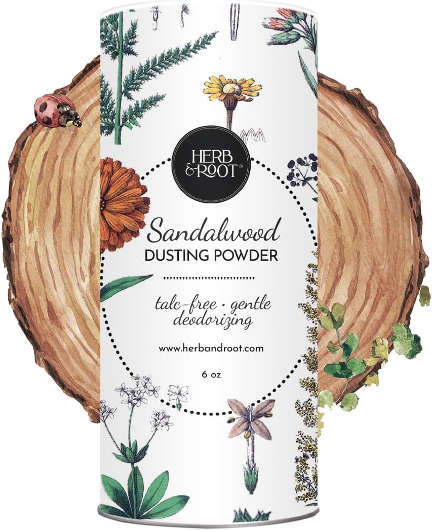 Sandalwood Talc-Free Dusting Powder with Arrowroot, Oats, Zinc & Magnesium - Body & Foot Powder for Women, Chafing & Deodorizing (Sandalwood)