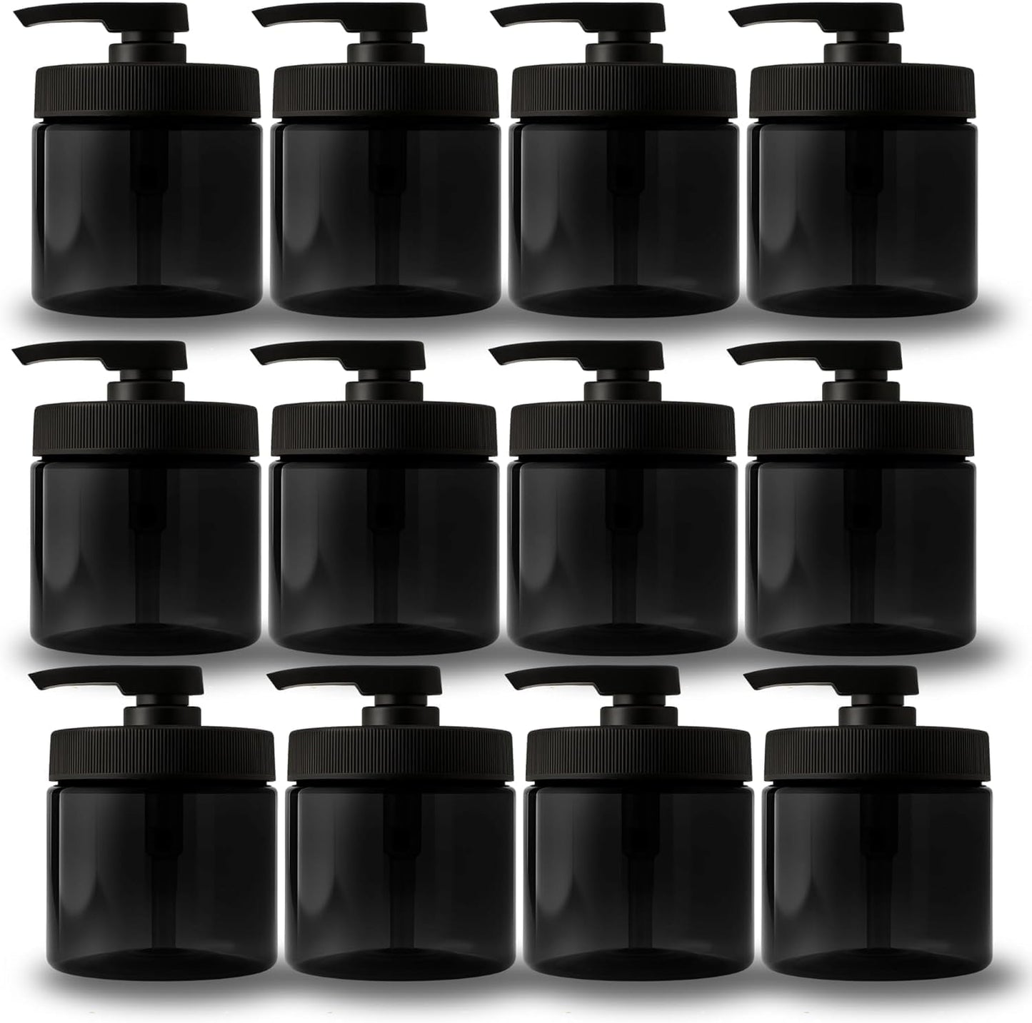 Royal Massage 16oz Refillable Pump Jar with Locking Dip Tube Dispenser – BPA-Free Plastic Container for Massage Oils, Lotions, Creams – Ribbed Lid Wide-Mouth Jar – Durable & Reusable (Black/Black, 12)