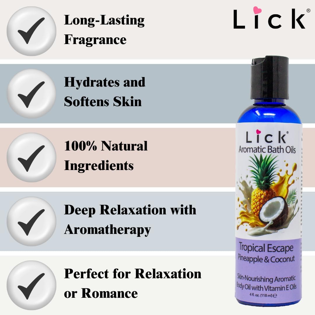 Tropic Escape Aromatic Bath Oil - Pineapple and Coconut. Natural Sweet Almond, Vitamin E & Jojoba Oils for Luxurious Experience for Women. 12 Enchanting Aromas, Made in USA 4 fl oz