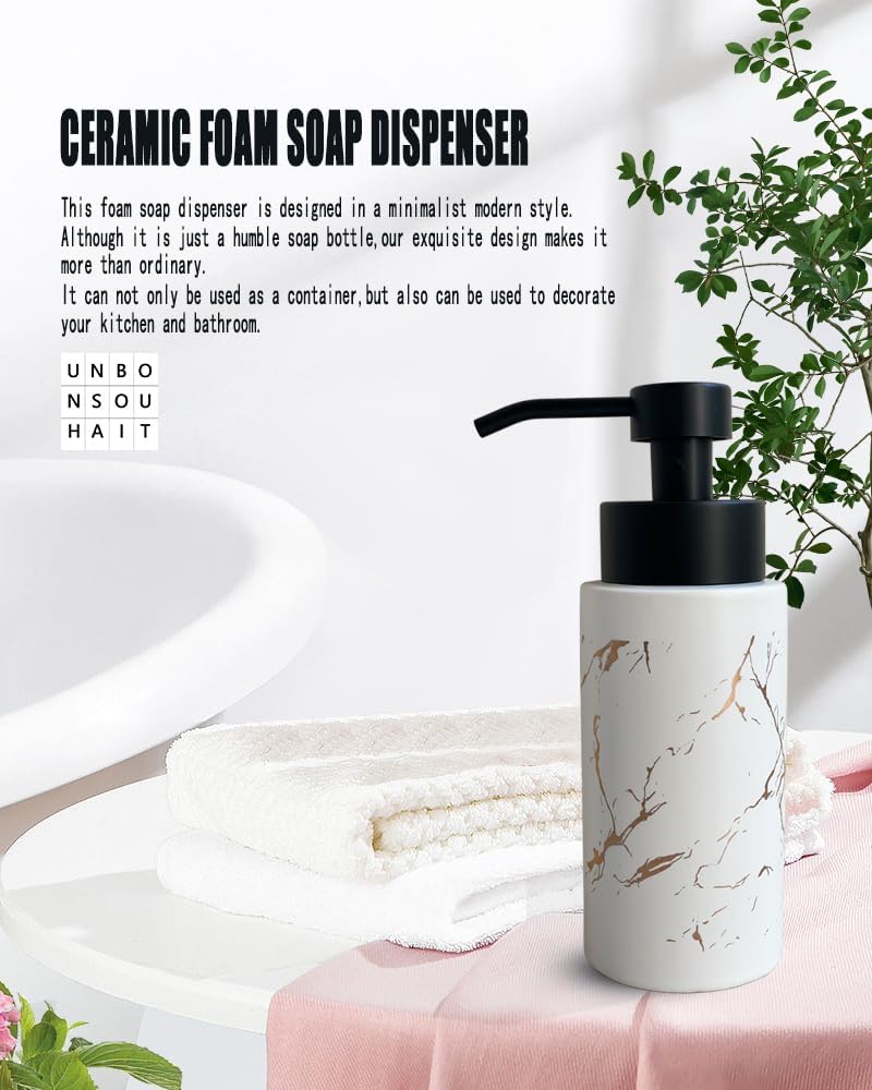 9.5 Oz Foaming Soap Dispenser for Bathroom,Kitchen Foam Soap Dispenser,Refillable Modern Foam Pump Bottle,Black Ceramic Foaming Hand Pump Dispenser (White Marble)