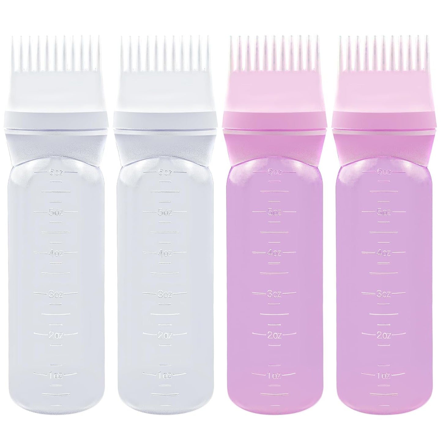 ELANE 4 Pcs Root Comb Applicator Bottle 6oz,Hair Oil Applicator Bottle for Hair,Oil Comb Applicator Hair Bottle Applicator for Hair Dye Shampoos Hair Salons Camping Traveling(white+pink)
