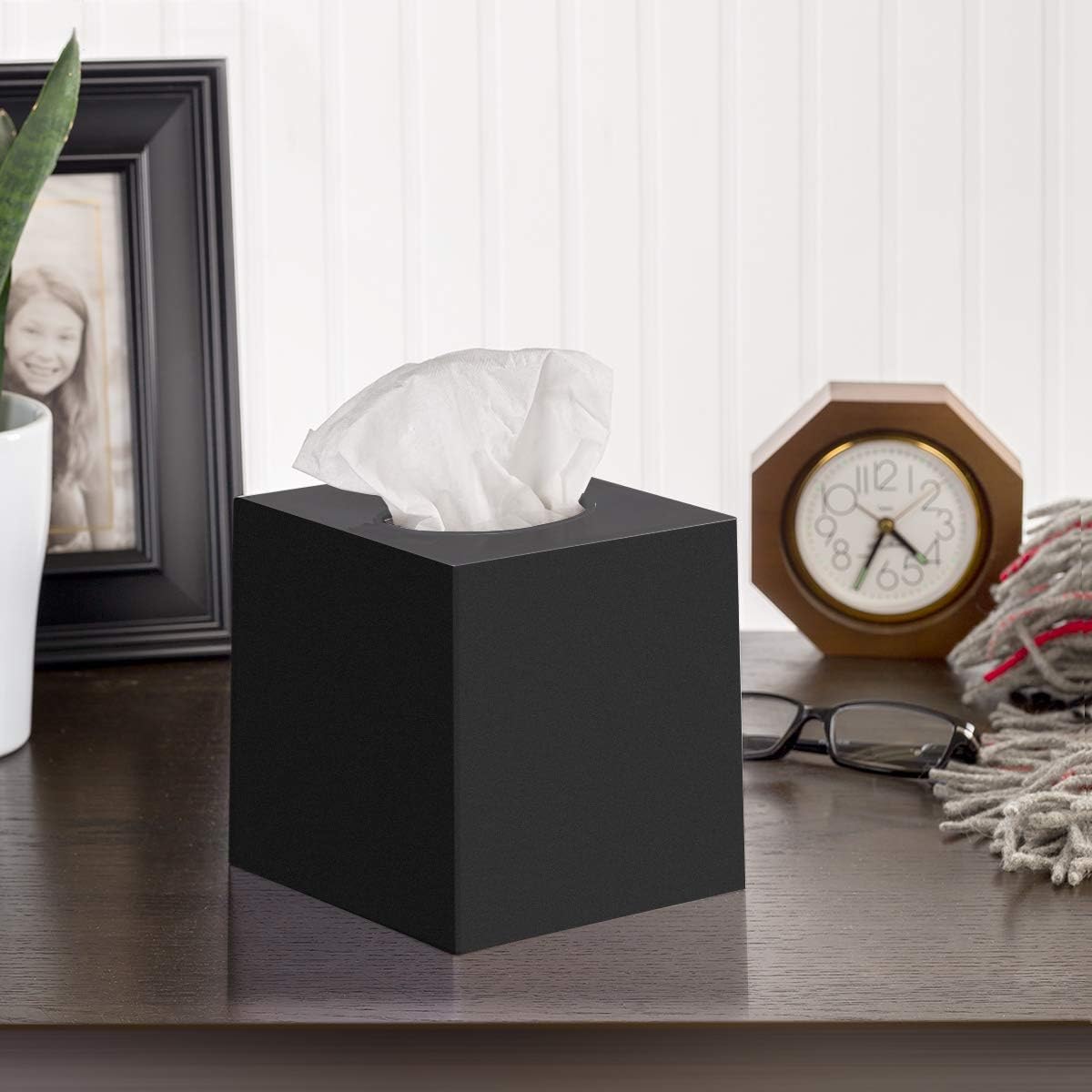 DWËLLZA Home Black Tissue Box Cover Square - Plastic Facial Tissue Box Holder - Decorative Cube Tissue Holder Vessel Dispenser; Black Dresser, Vanity Countertop, Bedroom, Office, Bathroom Decor