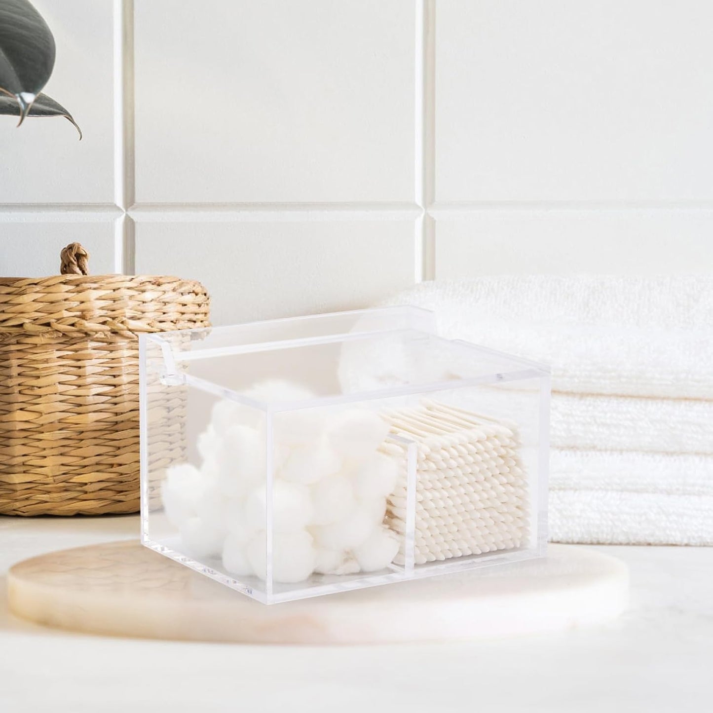 Tbestmax 2-Grid Qtip Holder, 4mm Thickness Cotton Ball Swab Organizer Acrylic Rectangle Bathroom Canister Makeup Pad Cosmetic Storage - Clear
