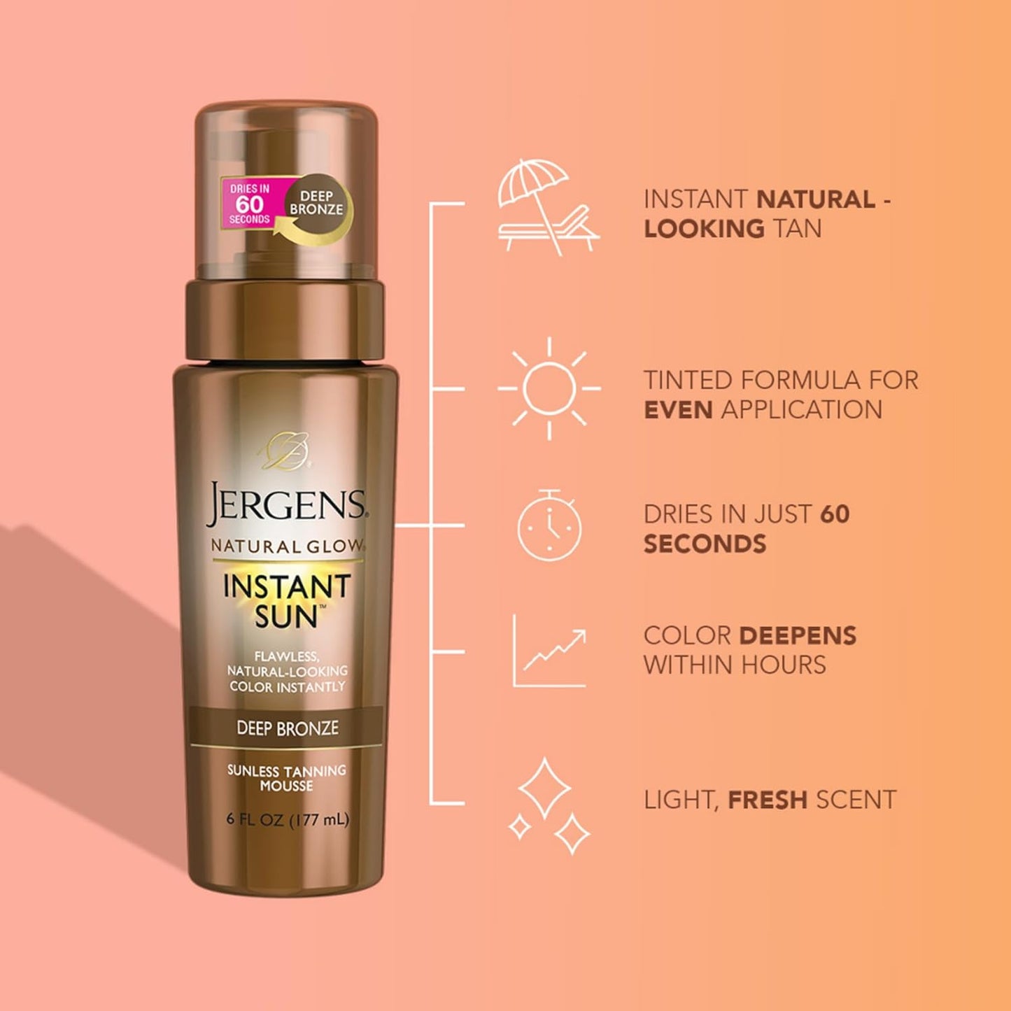 Jergens Natural Glow Instant Sun Body Mousse, Self Tanner for Deep Bronze Tan, Sunless Tanning Body Bronzer for Natural Looking Color Instantly, 6 Oz
