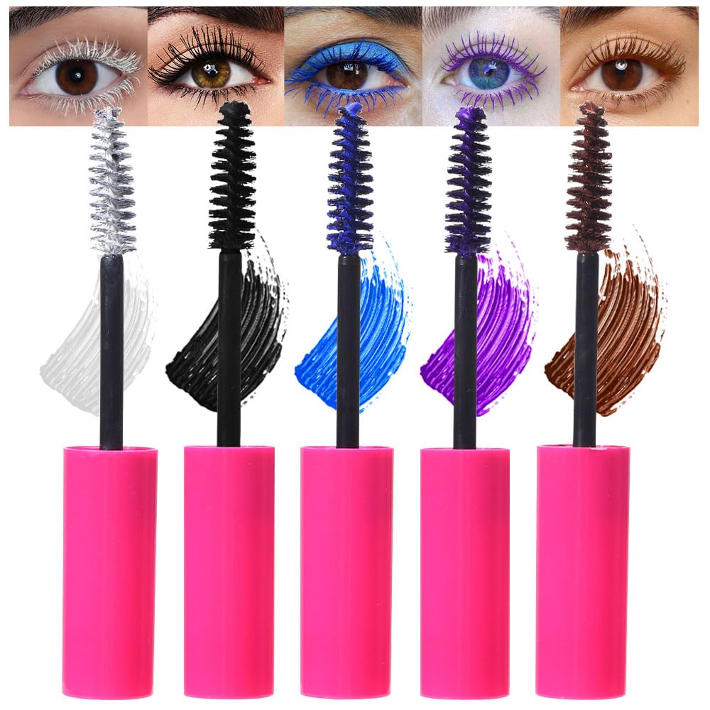 Waterproof 5PCS Colorful Voluminous Mascara Set – Lengthening, Defining, Curling, Multiplying Formula (Cruelty-Free)-White Black Blue Purple Brown Colored Mascara Eyelash Makeup Pack, Festival Gift