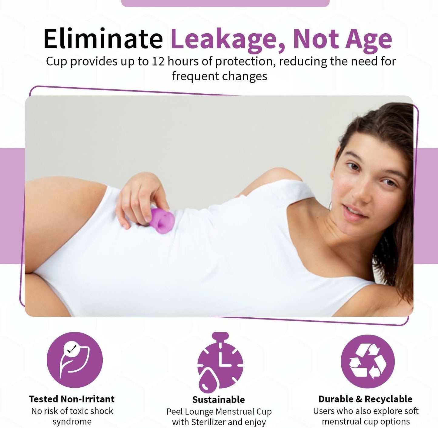 Angel's Peel Lounge Menstrual Cup for Women - 100% Medical-Grade Leak-Free Soft & Flexible Silicone Cup - 12 Hour Leak Protection Eco-Friendly & Reusable Period Cups for Women - Purple - Large