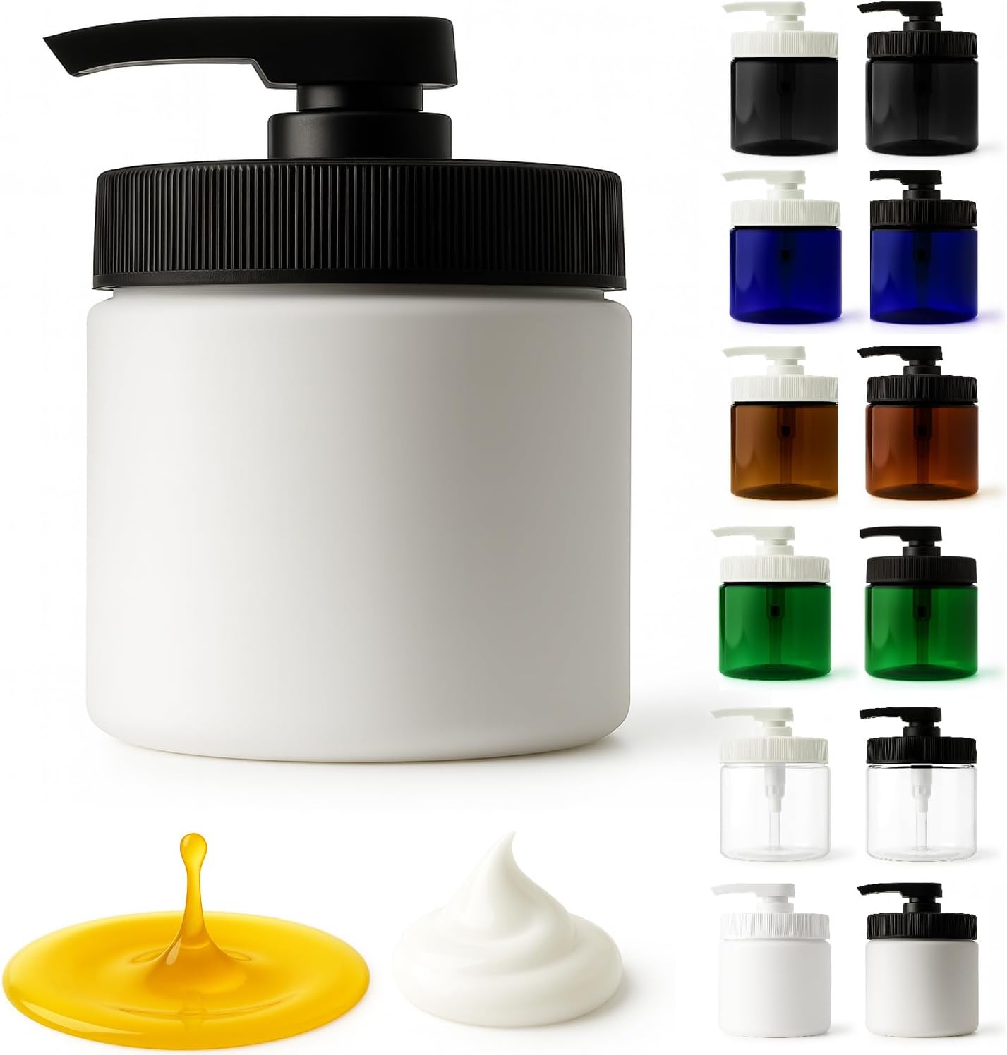 Royal Massage 16oz Refillable Pump Jar with Locking Dip Tube Dispenser – BPA-Free Plastic Container for Massage Oils, Lotions, Creams – Ribbed Lid Wide-Mouth Jar – Durable & Reusable (White/Black, 1)