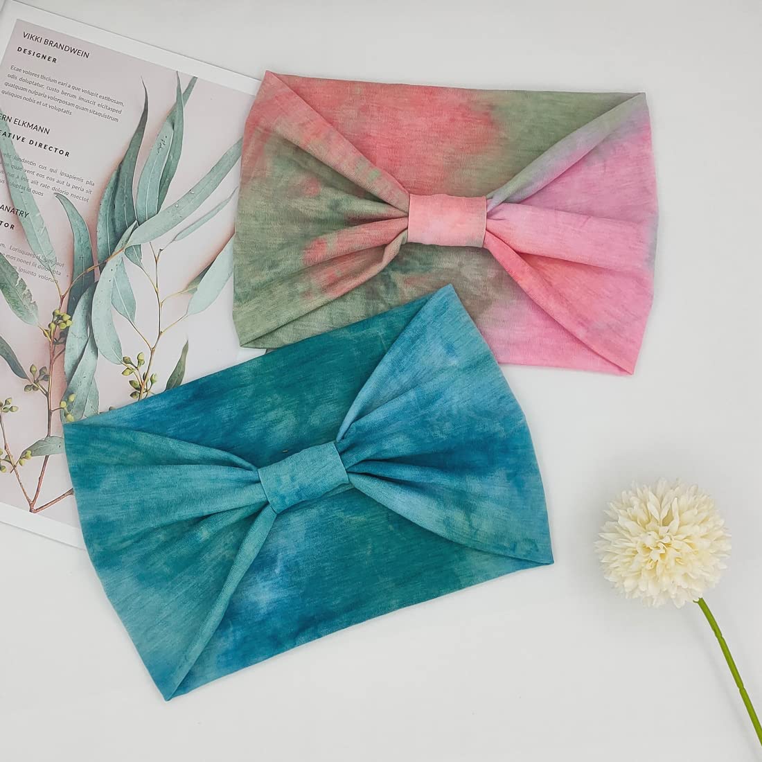 Wide Boho Headbands for Women Fashion Knotted Headband Yoga Workout Hair Accessories African Head Wrap Red Tie Dye 4 Pack