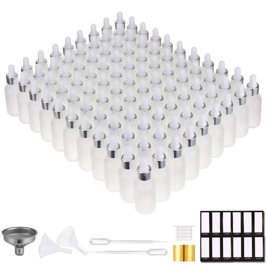 PrettyCare Glass Dropper Bottles Set of 99, 1oz (30ml) Frosted Empty Thick Bottles Bulk with Leakproof Silver Caps - With Labels & Funnels for for Storage, Travel,Essential Oils, DIY Serums