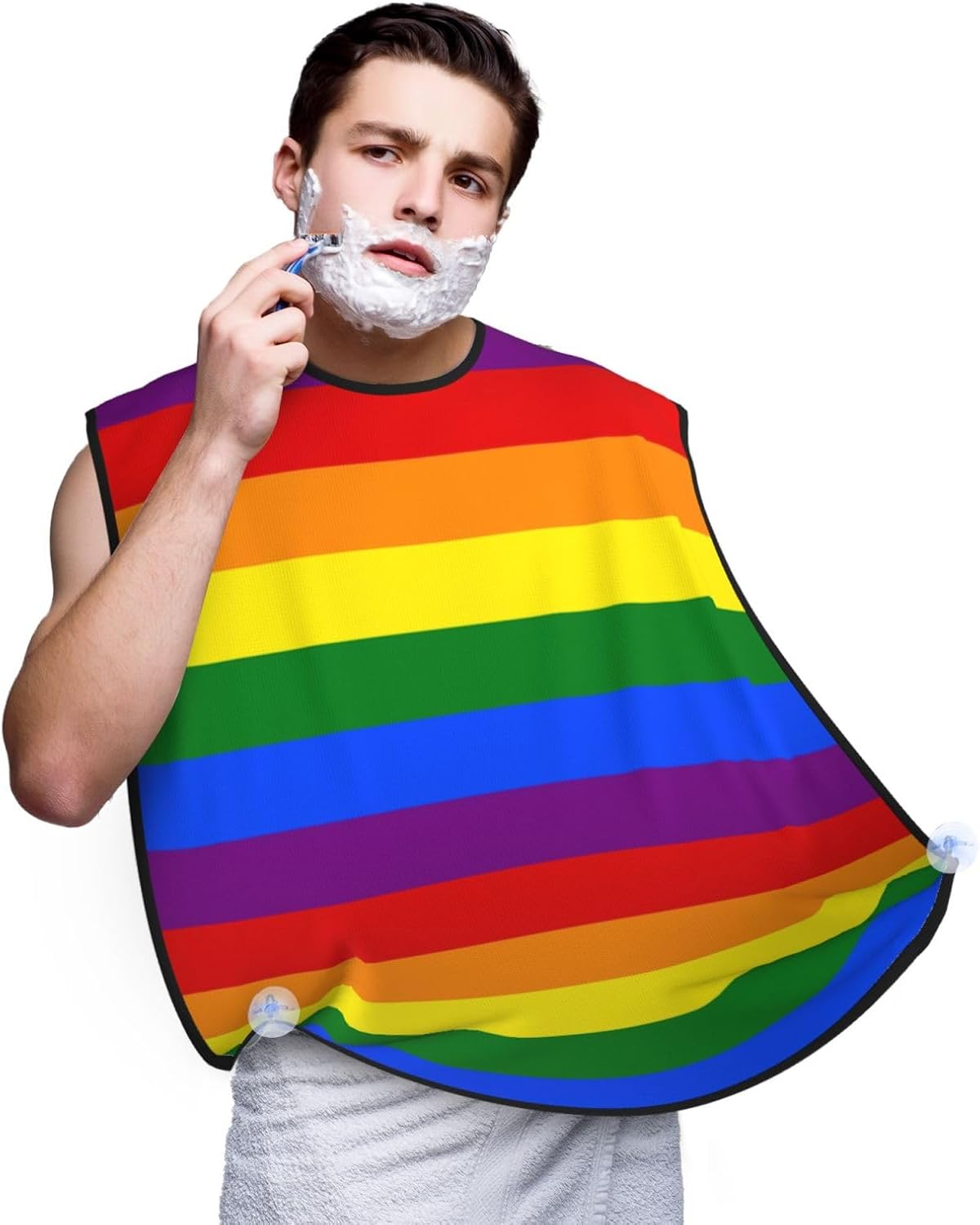 Non-Stick Beard Shaving Bib, Hair Catcher Apron with Suction Cups, Waterproof Grooming Tool for Men Husband, LGBT Pride Flag Rainbow Shave Bib