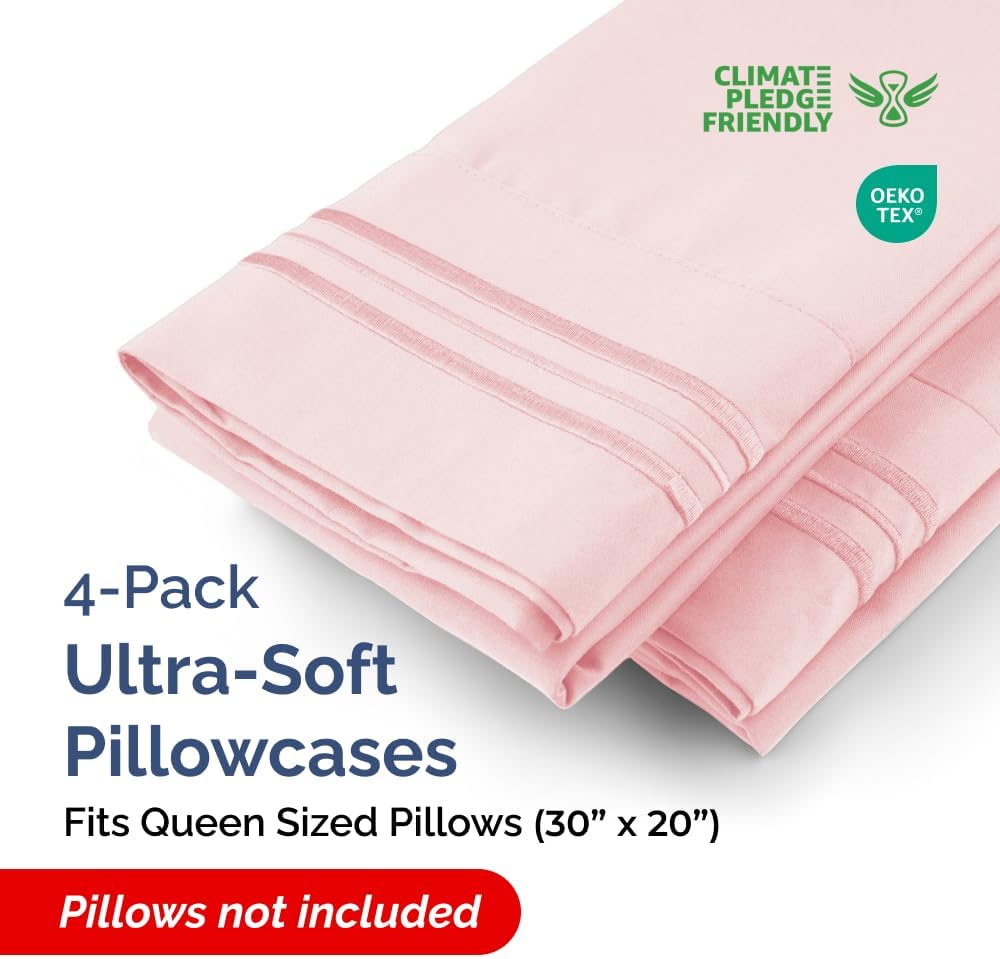 Queen Pillow Cases Set of 4 - Ultra Soft Hotel Quality Pillowcase Covers - Comfy, Cozy & Wrinkle Free - Shrinkage, Stain & Fade Resistant - Machine Washable Pillow Protectors - 4 Piece Set - Baby Pink