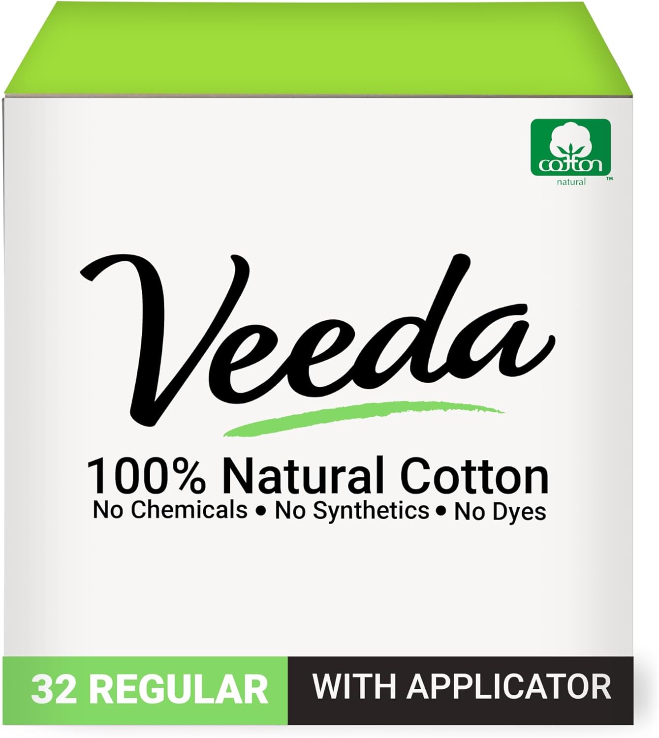 Veeda 100% Natural Cotton Tampons - Regular Absorbency with leak proof protection - Compact BPA-Free Applicator - Unscented & Free from Chlorine, Toxin - 32 Count