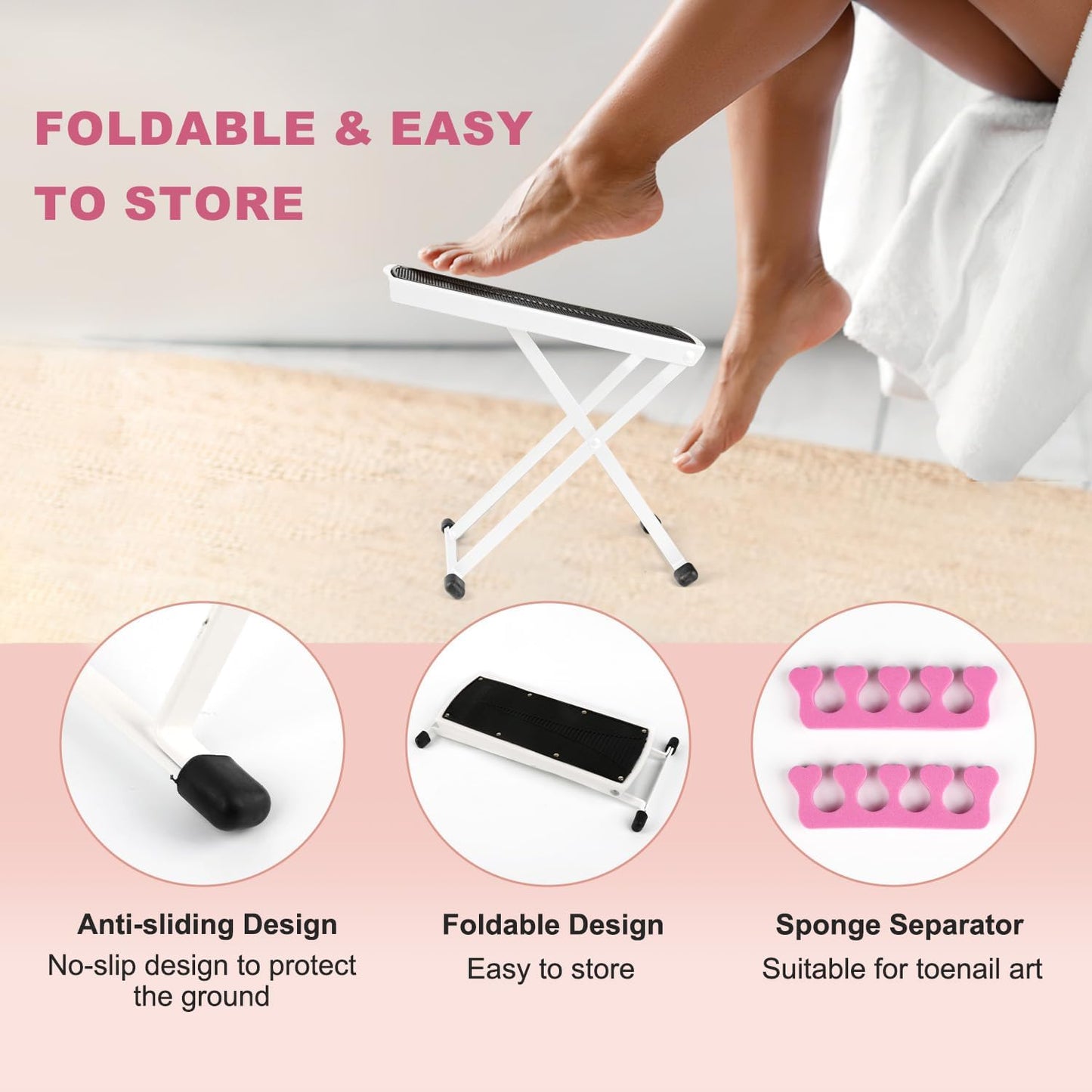 Pedicure Foot Rest, Adjustable Foot Stand with Non-Slip, Toe Separator - Easy at Home, No More Bending or Stretching, Beauty Pedicure Kit, White