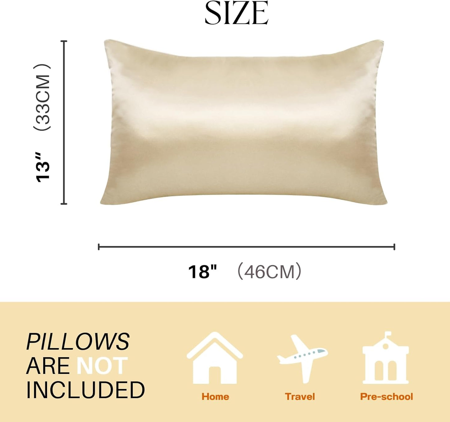 Silky Satin Toddler Pillowcases Set of 2, Super Soft Travel Pillow Covers, Small Kids Pillow Cases with Envelope Closure, 13"x 18", Champagne