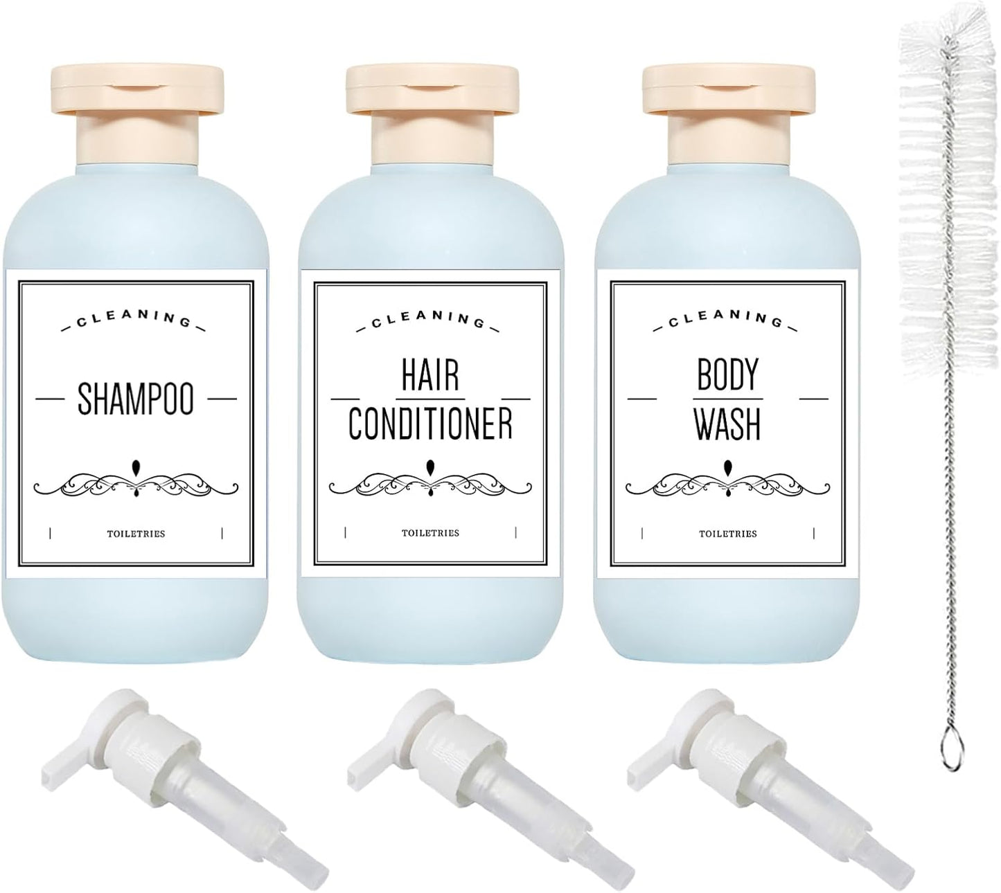 Qeuly Squeeze Bottles with Pump Dispenser and Flip Cap, 6.8 oz Refillable Travel Containers for Toiletries, Plastic Travel Shampoo and Conditioner Bottles (Blue 200)