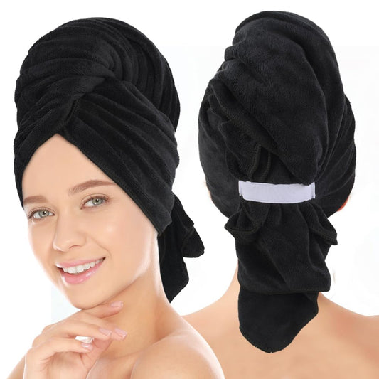 SUNLAND Microfiber Hair Towels Anti Frizz Hair Drying Towel Super Absorbent Fast Drying Turbans for Wet Curly Hair Soft Hair Towel Wrap with Elastic Band for All Hair Types 40 X 28 inches 2Pack Black