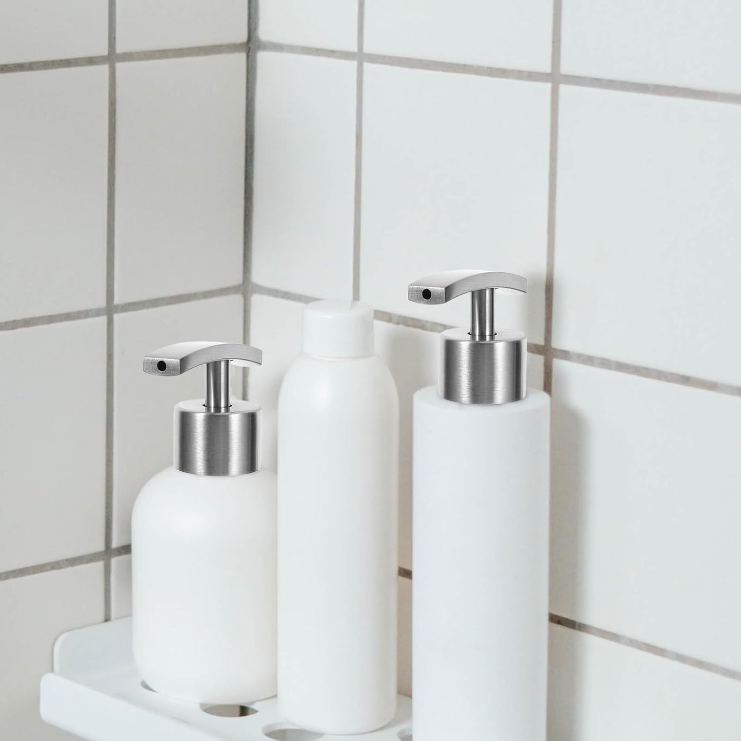 FRCOLOR 2pcs Shampoo & Soap Dispenser - Rust Proof Stainless Steel Round Bottle Pump Head